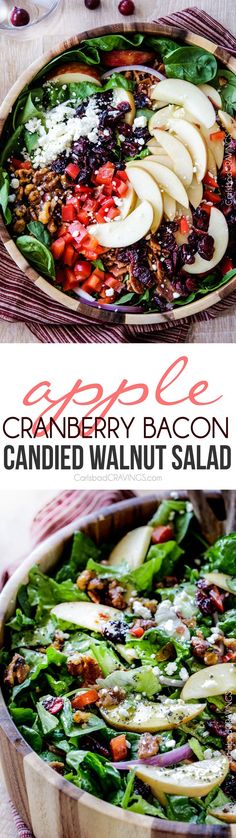 an apple cranberry bacon candied walnut salad in a wooden bowl with text overlay