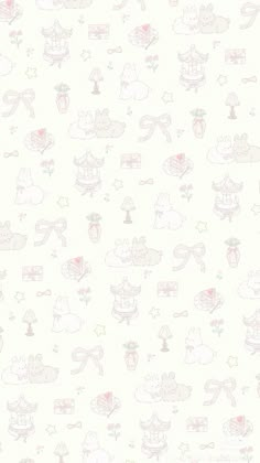 a white wallpaper with pink and blue designs on it's side, including clouds