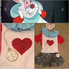 two pictures of the same clothing with hearts on them and an image of a rabbit holding a clock