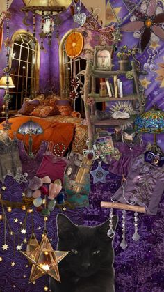 a black cat sitting on top of a purple bed covered in lots of stuff and decorations