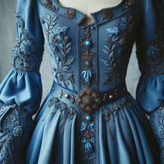 Targaryen Dress Design, Fantasy Fashion Inspiration, Blue Medieval Aesthetic, Blue Fantasy Outfit, Medieval Dress Blue, Fairytale Dress Aesthetic, Blue Medieval Dress, Teal Embroidery, Medieval Dress Princess