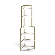 a tall shelf with three shelves on each side and one section open to show the contents