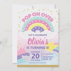 a birthday party card with the words pop on over in rainbows and stars,