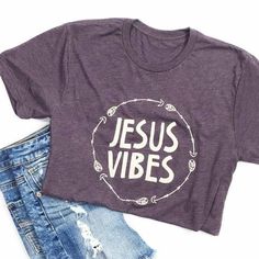 This is a super-soft unisex t-shirt with our Jesus Vibes design. FIT: Unisex - Runs true to size. *Tri-Blend Deep Purple with vintage cream design. Size Bust/Chest Inches Small 34-36 Medium 38-40 Larg Cricket Shirts, Camp Outfits, Candy Poster, Church Camp, Church Shirt, Falls Creek, Camping Outfits, Christian Tees