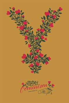 the letter v is made up of red flowers and green leaves on an orange background