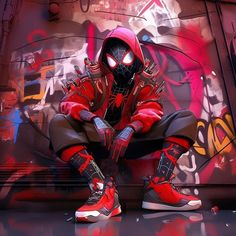 a spider - man is sitting on the ground with his legs crossed, wearing red and black sneakers