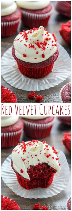 red velvet cupcakes with white frosting and sprinkles