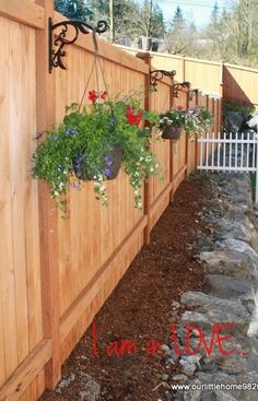 some flowers are hanging on the side of a fence