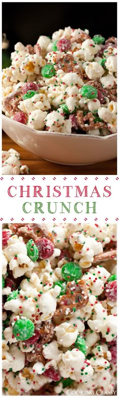 christmas crunch recipe with white chocolate, green and red sprinkles on top