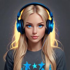 a barbie doll wearing headphones with stars on it's sleeve and long blonde hair