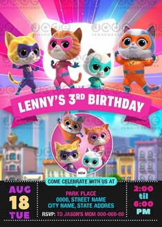 an image of a birthday party with cats and kittens on the front of it