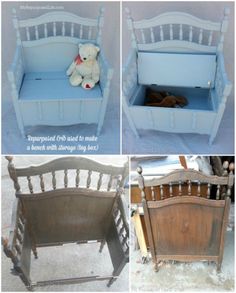 four different pictures of an old crib with a teddy bear in the middle and bottom