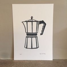 a black and white drawing of a stove top coffee maker on a white paper background