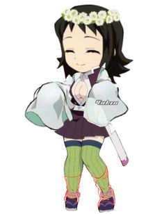 an anime character with long black hair and green pants, holding a white object in her hand