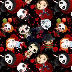 a group of cartoon characters on a black background with red and white splats