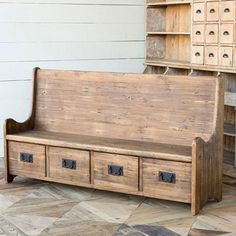 Farmhouse Charm Wood Storage Bench | Antique Farmhouse Farmhouse Design Plans, Church Pew Bench, Foyer Storage, Pew Bench, Farmhouse Mudroom, Church Pews, Bench With Drawers, Wood Storage Bench, Bench Storage