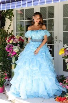 Fitted Dresses For Quinceanera In Spring, Light Blue Ruffled Dress For Gala, Elegant Spring Quinceanera Dresses, Blue Dress For Quinceanera In Spring, Blue Dress For Spring Quinceanera, Blue Fitted Dress For Quinceanera, Blue Spring Quinceanera Dress, Homecoming Court Dresses, Ruffle Corset