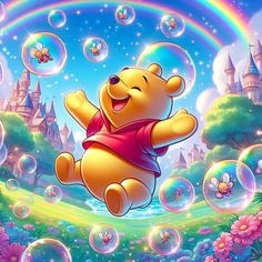 winnie the pooh flying through bubbles in front of a castle with rainbows and butterflies