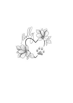 a black and white drawing of a heart with flowers on it's side next to a paw print