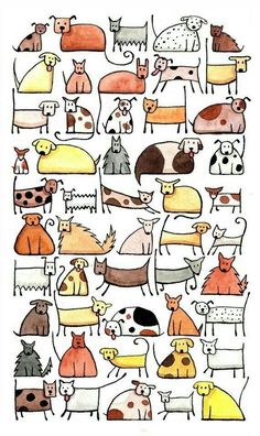 a drawing of dogs and cats in different colors