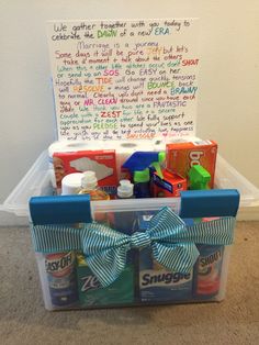 a plastic container filled with personal care items and a sign on the wall behind it