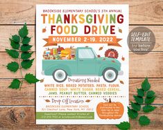 a thanksgiving food drive poster on a wooden table