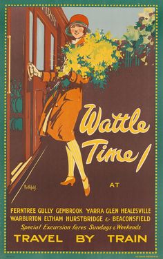 an old poster advertising travel by train with a woman holding flowers in her hand and looking out the window