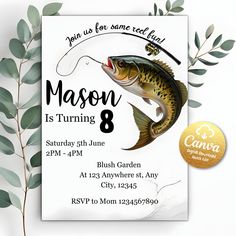 a birthday card with a fish on it and a fishing hook in the middle, surrounded by leaves