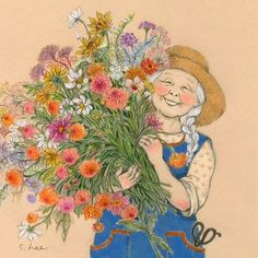 a drawing of a woman holding a bunch of flowers in her hands and smiling at the camera