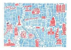 a blue and red city map with buildings