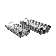 two black metal baskets with handles on each side, one is empty and the other has three