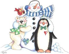 a penguin and two polar bears are standing next to a snowman with a hat on