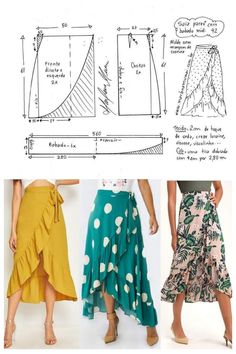 three different types of skirts with measurements for each one, including the bottom and side