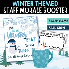 the winter themed staff sign and mug are on display in front of snow covered trees