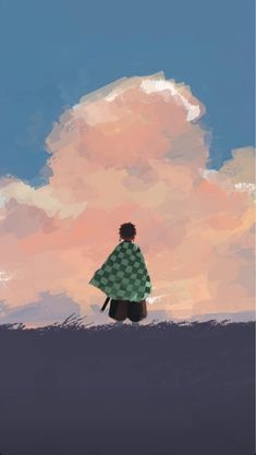 a painting of a person standing in front of a cloudy sky