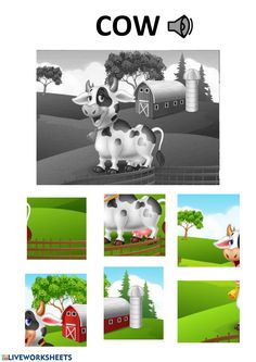 a cow is standing in front of a barn and farm with other pictures on it