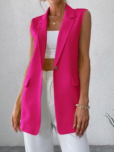 Pink Vest Blazer Outfit, Pink Sleeveless Blazer Outfit, Pink Vest Outfits For Women, Pink Spring Vest For Work, Chaleco Fucsia Outfits, Chic Pink Vest, Trendy Fitted Pink Vest, Blazers For Women Outfits, Blazer Vest Outfits For Women