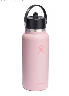 a pink water bottle with a black lid and an emblem on the side, in front of a white background