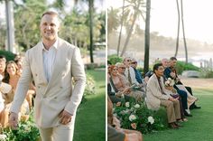 a man in a white suit walking down the aisle at a wedding with other people