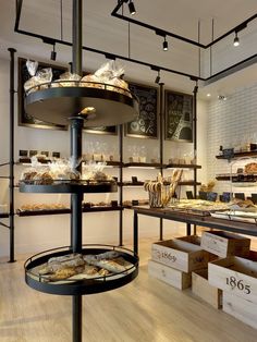 a bakery filled with lots of different types of breads and pastries on display