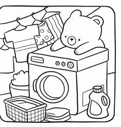 a teddy bear sitting on top of a washing machine next to laundry paper and other items