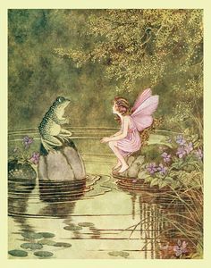 a fairy sitting on top of a rock next to a frog in the water with its wings outstretched