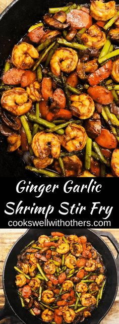 shrimp and asparagus stir fry in a skillet with the words ginger garlic shrimp fry