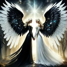 two women dressed in black and white are facing each other with angel wings on their shoulders