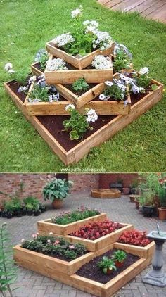 several wooden planters filled with flowers on top of a brick walkway in the grass