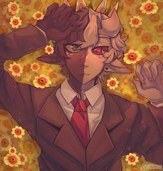 an anime character wearing a suit and tie with flowers in the background, holding his hands up to his head