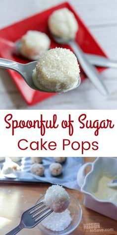 spoonful of sugar cake pops on a red tray with white frosting and silverware