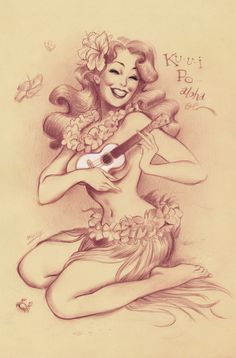 a drawing of a woman with a guitar in her hand and flowers around her neck