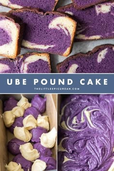 three images showing the before and after of making ube pound cake with swirls. Ube Pound Cake Recipe, Ube Pound Cake, Ube Desserts Recipes Easy, Gluten Free Ube Cake, Fancy Baked Goods, Ube Tiramisu, Ube Mochi Cake