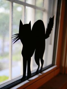 the silhouette of a cat standing on top of a window sill